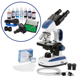 AmScope VB-B270C-STR B270 Series Binocular Compound Microscope Premium Student Bundles: 40X-2500X Magnification LED with 3D Stage, C-mount Microscope Camera, Blank Slides and Cover Slips, Pipettes, 6-Piece Tweezers Set, S