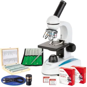 AmScope VB-M149C-PLAT Value Bundle Portable Student Monocular Compound Microscope 40X-1000X Magnification w/ LED, 1MP Camera, 6-Piece Precision Tweezers Set and 100-Piece Slide Set