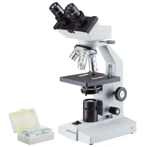 AmScope B100C-PB10-E2 B100 Series Biological Binocular Compound Microscope 40X-2500X Magnification with Halogen, Slide Set and 2MP Digital Eyepiece