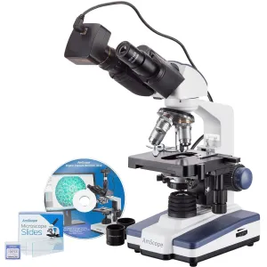 AmScope B120C-50P100S-5M B120 Series Binocular Compound Microscope 40X-2500X Magnification with LED, Siedentopf Head, 50pc Blank Slides and 5MP Digital Camera