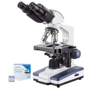 AmScope B120C-50P100S-E B120 Series Binocular Compound Microscope 40X-2500X Magnification with LED, Siedentopf Head, 50 Blank Slides and 1MP Digital Camera