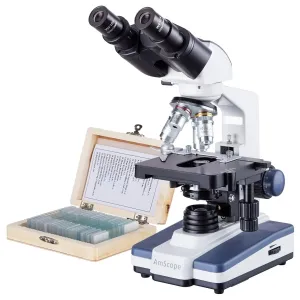 AmScope B120A-PS25-E1 B120 Series Binocular Compound Microscope 40X-1600X Magnification with LED, Siedentopf Head, 25 Prepared Slides and 1MP Digital Camera