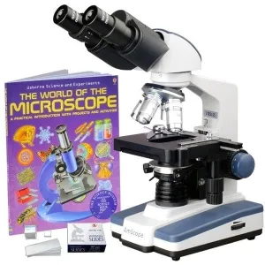 AmScope B120A-WM-50P100S-E1 B120 Series Binocular Compound Microscope 40X-1600X Magnification with LED, Siedentopf Head, 50 Blank Slides, Book and 1MP Digital Camera