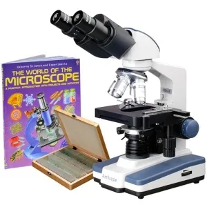 AmScope B120A-WM-PS100-E1 B120 Series Binocular Compound Microscope 40X-1600X Magnification with LED, Siedentopf Head, 100 Prepared Slides, Book and 1MP Digital Camera