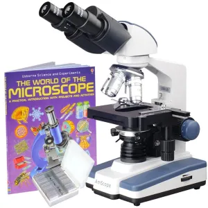 AmScope B120A-WM-PS25-E B120 Series Binocular Compound Microscope 40X-1600X Magnification with LED, Siedentopf Head, 25 Prepared Slides, Book and 1MP Digital Camera