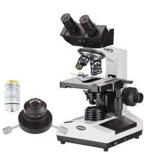 AmScope B390-DKO-IRIS-2MBI Binocular Compound Microscope 40X-1000X Magnification w/ 20W Halogen, Oil Condenser, 100X IRIS Objective, 2MP Back-Lit USB 2.0 Camera and 3D Mechanical Stage