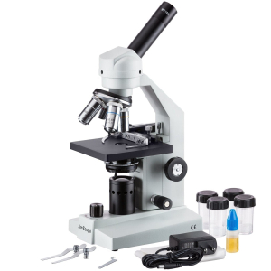 AmScope M500-MS-LED-E2 M500 Series LED Student Monocular Compound Microscope 40X-1000X Magnification w/ Mechanical Caliper and 2MP Digital Camera