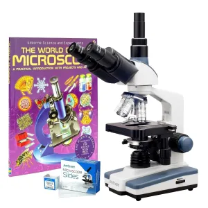 AmScope T120-WM-50P100S-E T120 Series Trinocular Compound Microscope 40X-1000X Magnification with LED, Siedentopf Head, 50 Blank Slides, Book and 1MP Digital Eyepiece