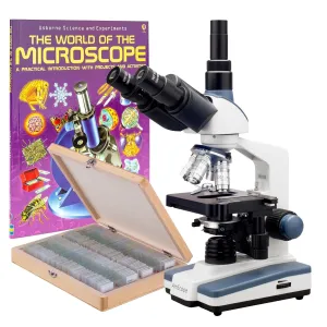 AmScope T120-WM-PS100-E1 T120 Series Trinocular Compound Microscope 40X-1000X Magnification with LED, Siedentopf Head, 100 Prepared Slides, Book and 1MP Digital Eyepiece