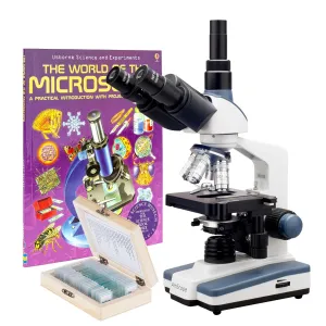 AmScope T120-WM-PS25-E1 T120 Series Trinocular Compound Microscope 40X-1000X Magnification with LED, Siedentopf Head, 25 Prepared Slides, Book and 1MP Digital Eyepiece