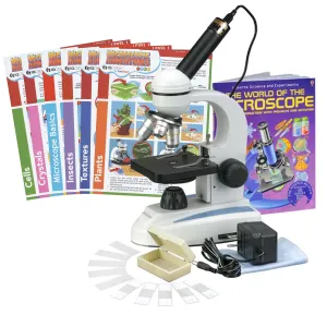 AmScope M149C-PB10-WM-EXCL1-E M149 Series Student Kids Metal Frame Glass Optics Biological Moncluar Compound Microscope 40X-1000X Magnification with Camera, Slides, World of Microscope Book and Experiment Cards