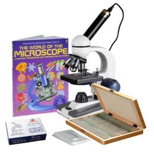 AmScope M150C-PS100-WM-50P100S-E M150 Series Portable Student Monocular Compound Microscope 40X-1000X Magnification with LED, 1MP USB Eyepiece Camera, 100 Prepared Slides, 50 Blank Slides and Microscope Book