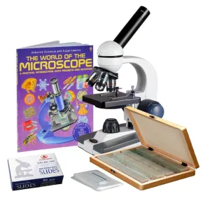 AmScope M150C-PS100-WM-50P100S M150 Series Portable Student Monocular Compound Microscope 40X-1000X Magnification with LED, 100 Prepared Slides, 50 Blank Slides and Microscope Book