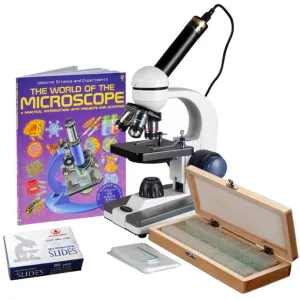 AmScope M150C-PS50-WM-50P100S-E M150 Series Portable Student Monocular Compound Microscope 40X-1000X Magnification with LED, 1MP USB Eyepiece Camera, 50 Prepared Slides, 50 Blank Slides and Microscope Book