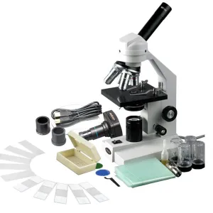 AmScope M500A-P-PB10 M500 Series Student Monocular Compound Microscope 40X-1600X Magnification with 1MP USB 2.0 Camera and Slides