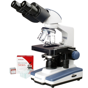 AmScope B020C-72P100S22 B020 Series Lab Binocular Compound Microscope 40X-2500X Magnification with LED, 3D Mech Stage and Slides