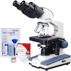 AmScope B020C-72P100S22-CKI B020 Series Lab Binocular Compound Microscope 40X-2500X Magnification with LED, 3D Stage, Slide and Cleaning Kit