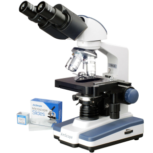 AmScope B020C-50P100S22 B020 Series LED Lab Compound Microscope 40X-2500X Magnification with 3D Two-Layer Mechanical Stage + Slides