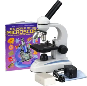 AmScope M149-PB10-WM M149 Series Student Kids Metal Frame Glass Optics Biological Moncluar Compound Microscope 40X-400X Magnification with Slides and Book