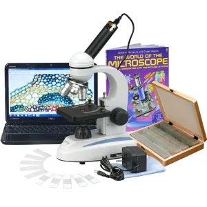 AmScope M149C-PS100-WM-E M149 Series Student Kids Metal Frame Glass Optics Biological Moncluar Compound Microscope 40X-1000X Magnification with 100 Specimens, Book and Camera