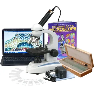 AmScope M149C-PS50-WM-E M149 Series Student Kids Metal Frame Glass Optics Biological Moncluar Compound Microscope 40X-1000X Magnification with 50 Specimens, Camera and Book