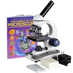 AmScope M150C-PB10-WM M150 Series Portable Student Monocular Compound Microscope 40X-1000X Magnification with LED, 10pc Slide Kit and Microscope Book