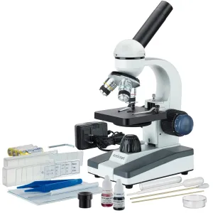 AmScope M150C-SP14 M150 Series Portable Student Monocular Compound Microscope 40X-1000X Magnification with LED and Slide Preparation Kit