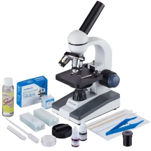 AmScope M150C-SP14-CLS-50P100S M150 Series Portable Student Monocular Compound Microscope 40X-1000X Magnification with LED, Slide Preparation Kit, 50 Blank Slides and Cleaning Fluid