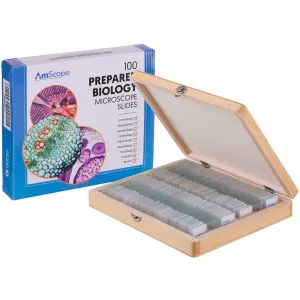 AmScope PS100A 100pc Prepared Glass Microscope Slides in Wood Case with Mammal, Bird, Insect, Amphibian and Plant Specimens - SET A