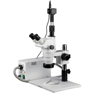 AmScope ZM-1TW3-FOR-5M Inspection Trinocular Stereo Microscope 2X-225X Magnification on Pillar Stand w/ 5MP Camera and Fiber Optic Ring Light