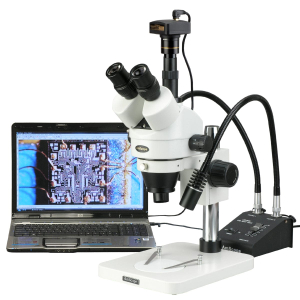 AmScope SM-1TSW2-L6W-M SM-1 Series Zoom Trinocular Stereo Microscope 3.5X-225X on Pillar Stand w/ Gooseneck LED Lights + 1.3MP Digital Camera