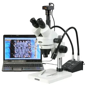AmScope SM-1TSW2-L6W-5M SM-1 Series Digital Zoom Trinocular Stereo Microscope 3.5X-225X on Pillar Stand w/ Gooseneck LED Lights + 5MP USB Camera