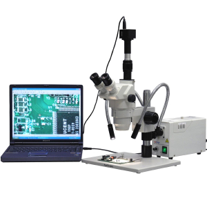 AmScope ZM-1TW3-FOD-5M ZM-1 Series Ultimate Circuit Board Zoom Trinocular Stereo Microscope 2X-225X on Large Pillar Stand w/ 5MP Camera and Light