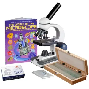 AmScope M150C-PS50-WM-50P100S M150 Series Portable Student Monocular Compound Microscope 40X-1000X Magnification with LED, 50 Prepared Slides, 50 Blank Slides and Microscope Book