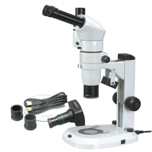 AmScope PM240T-5M PM240 Series Zoom Trinocular Stereo Microscope 8X-80X Magnification on Track Stand w/ Common Main Objective(CMO) and 5MP Camera