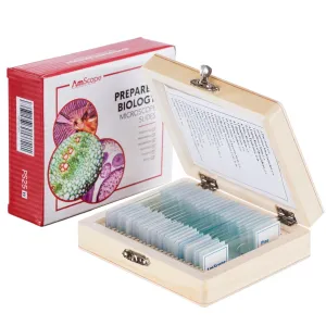 AmScope PS25 AmScope 25pc Glass Prepared Microscope Slides in Wood Case with Plant, Fungus, Insect and Mammal Specimens