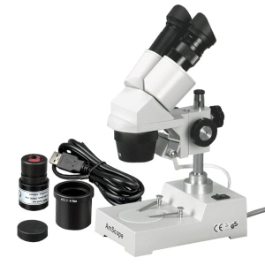 AmScope SE303-P-E SE303 Series Compact Multi-Lens Binocular Stereo Microscope 10X-30X on Metal Stand w/ Reverse Angled Head, Lighting, 1MP Camera
