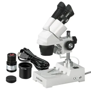 AmScope SE304-P-E SE304 Series Compact Multi-Lens Binocular Stereo Microscope 20X-40X on Metal Stand w/ Reverse Angled Head, Lighting, 1MP Camera
