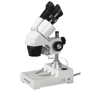 AmScope SE303-P-RK15 SE303 Series Compact Multi-Lens Binocular Stereo Microscope 10X-30X on Metal Pillar Stand w/ Reverse Angled Head, Lighting