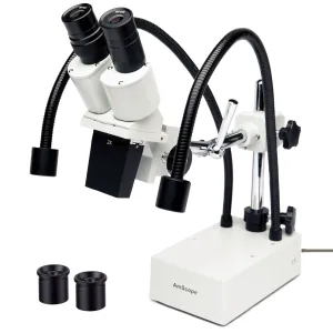 AmScope SE420Z-2L SE420 Series Compact Fixed-Lens Binocular Stereo Microscope 20X-40X Magnification on Boom-Arm Stand w/ Dual Gooseneck LED Lights