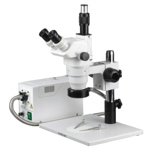 AmScope ZM-1TZ3-FOR ZM-1 Series Zoom Trinocular Stereo Microscope 2X-180X Magnification on Pillar Stand w/ Fiber Optical Ring Light