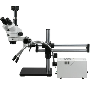 AmScope SM-5TZZ-FOD-9M Trinocular Stereo Microscope 3.5X-180X Magnification on Ball Bearing Boom Stand w/ Fiber Optic Y-Lights and 9MP Camera