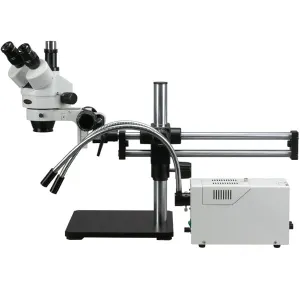 AmScope SM-5TZZ-FOD SM-5 Series Trinocular Stereo Microscope 3.5X-180X Magnification w/ Fiber light on Ball Bearing Boom Stand