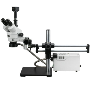 AmScope SM-5TZZ-FOR-5M Trinocular Stereo Microscope 3.5X-180X Magnification on Ball Bearing Boom Stand w/ Fiber Optic and 5MP Camera