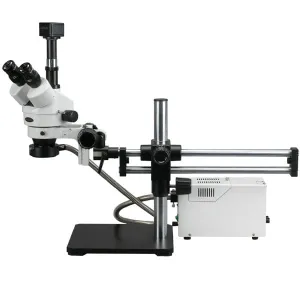 AmScope SM-5TZ-FOR-5M Trinocular Stereo Microscope 3.5X-90X Magnification on Ball Bearing Boom Stand w/ Fiber Optic Light and 5MP Camera