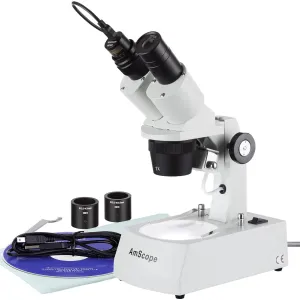 AmScope SE305R-AZ-E2 SE305 Series Compact Multi-Lens Binocular Stereo Microscope 10X-60X w/ Angled Head, Metal Track Stand, Lighting, 2MP Camera