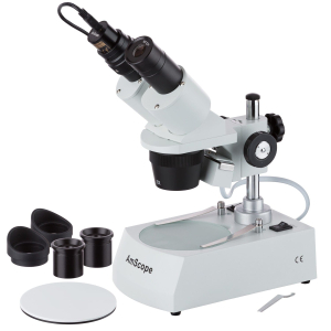 AmScope SE305R-PZ-E2 SE305 Series Compact Multi-Lens Binocular Stereo Microscope 10X-60X w/ Angled Head, Metal Pillar Stand, Lighting, 2MP Camera