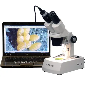 AmScope SE306R-AZ-E2 SE306 Series Compact Multi-Lens Binocular Stereo Microscope 20X-80X w/ Angled Head, Metal Track Stand, Lighting, 2MP Camera