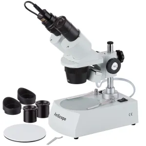 AmScope SE306R-PZ-E SE306 Series Compact Multi-Lens Binocular Stereo Microscope 20X-80X w/ Angled Head, Metal Pillar Stand, Lighting, 1MP Camera