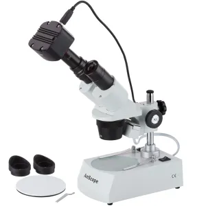 AmScope SE306R-P-MT SE306 Series Compact Multi-Lens Binocular Stereo Microscope 20X-40X w/ Angled Head, Metal Pillar Stand, Lighting, 1.3MP Camera
